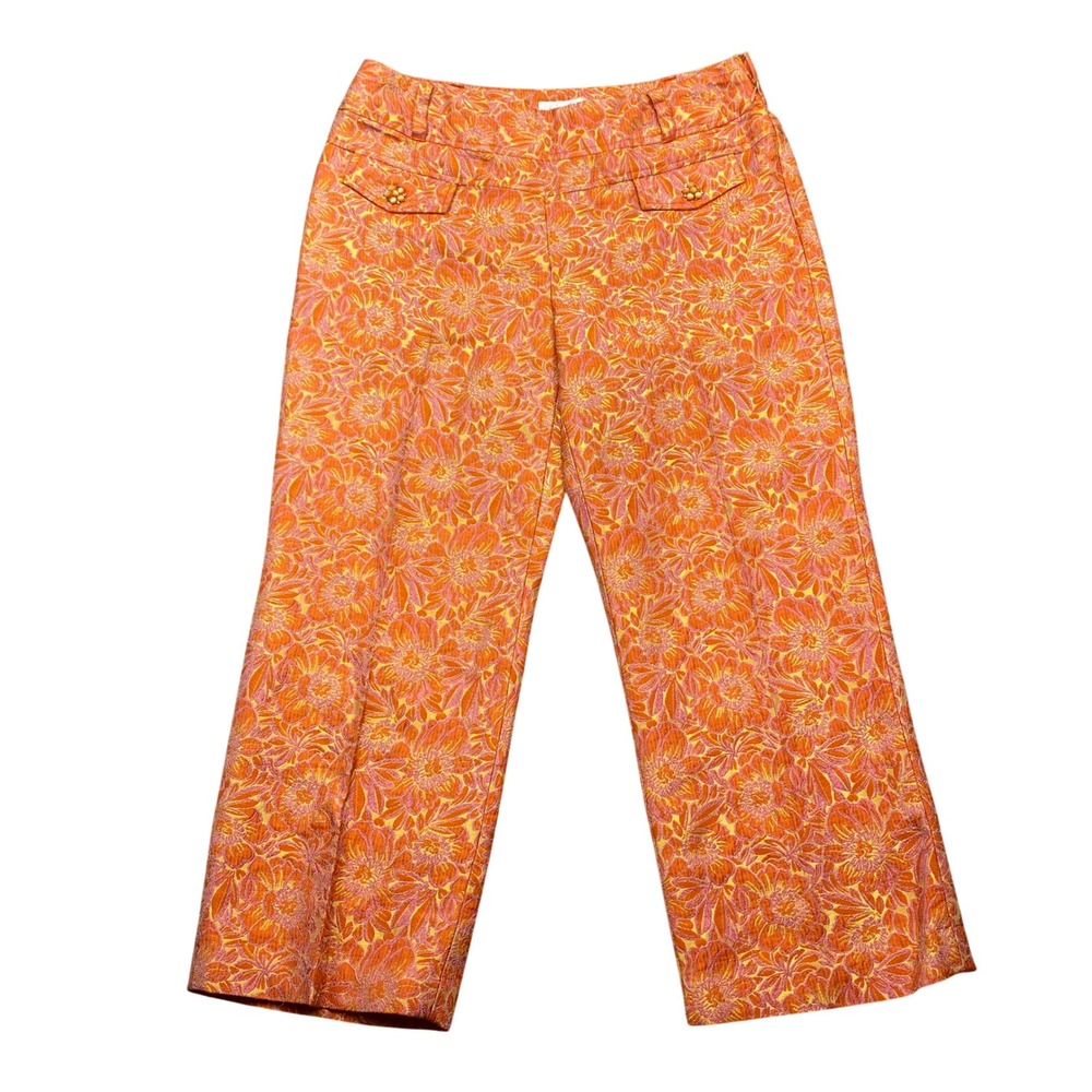 Vision‎ Apparel Orange Floral Brocade Cropped Pants Beaded Pockets Sz 4 Fits 28"